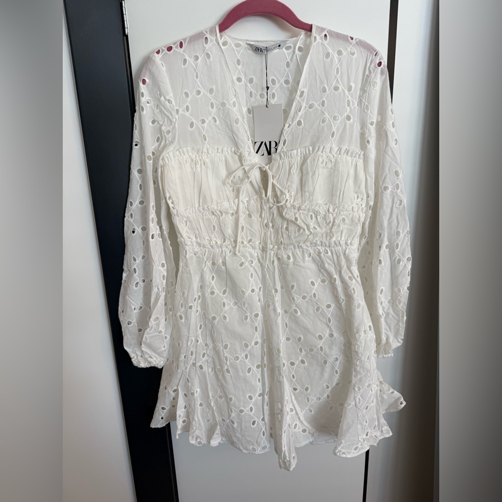 Zara White Eyelet Long Sleeve Dress NWT